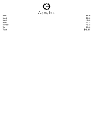 An invoice from the CashRegister app, showing items and their costs, tax, and the subtotal and total.