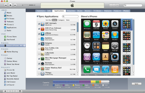 iTunes 9, displaying the Applications tab of a connected iPhone.